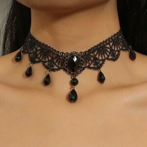 Black Lace Gothic Choker Necklace with Teardrop Crystals